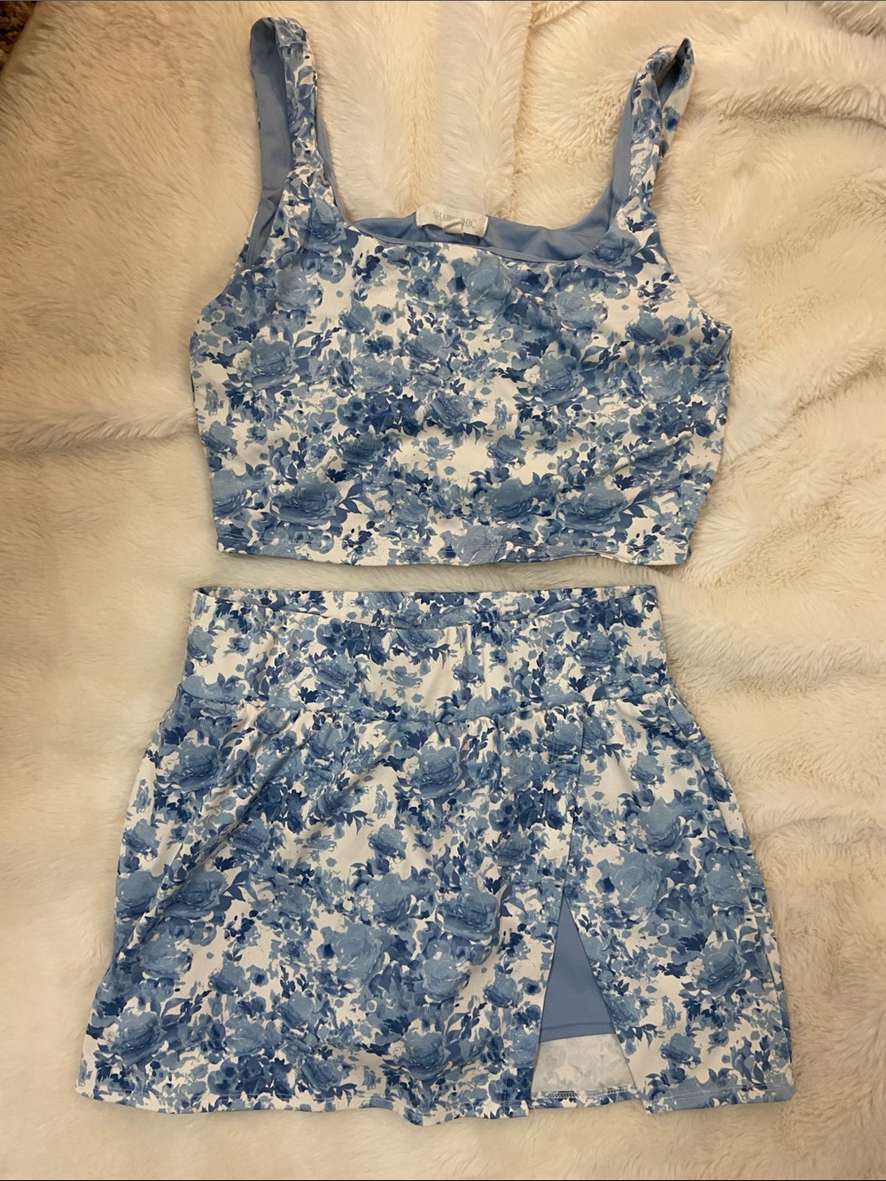 Blue Floral Crop Top/Sports Bra and Athletic Skort Set